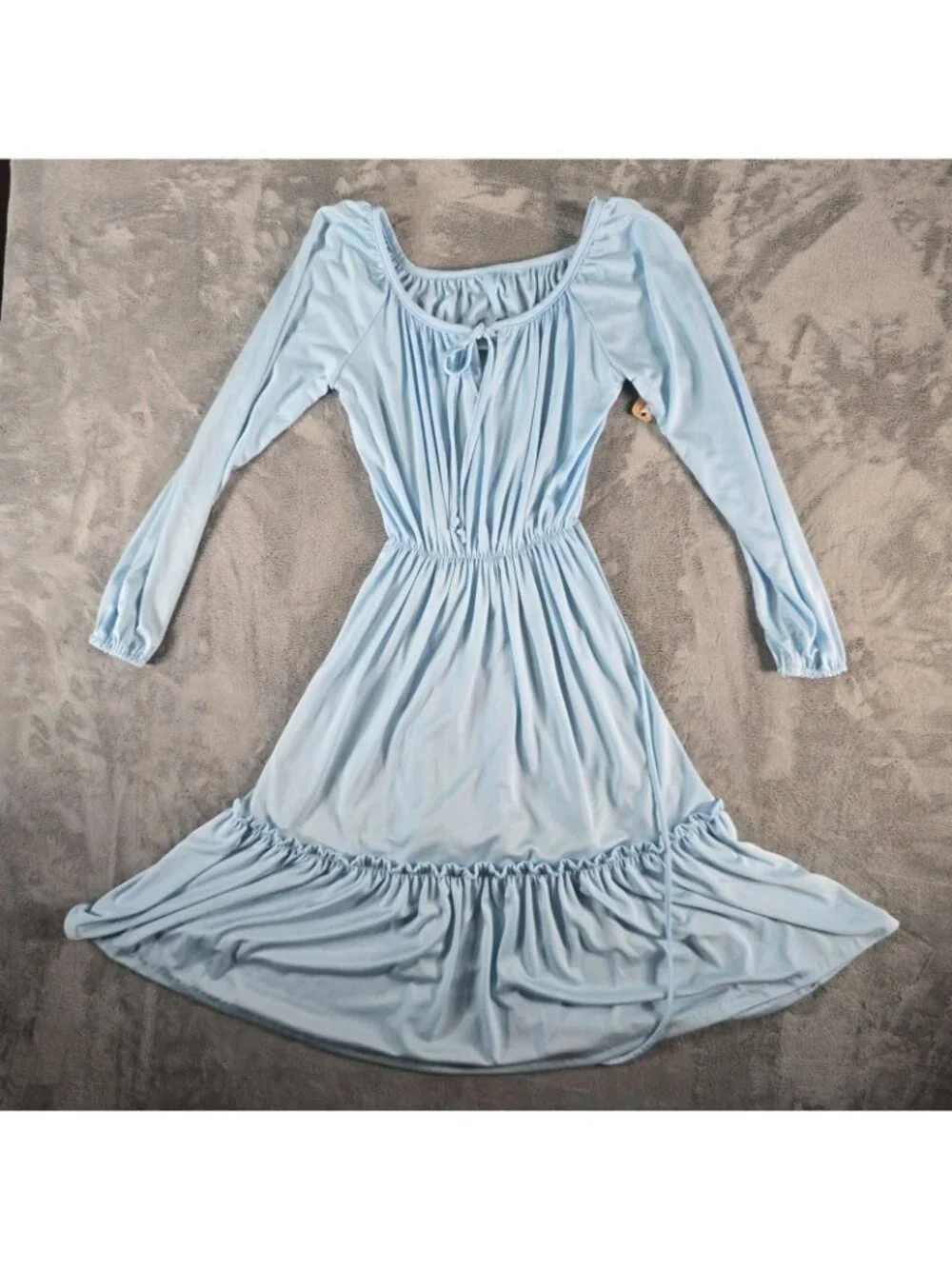 Vintage 1970s Light Blue Elastic Waist Blouson Sleeve Peasant Dress (M)